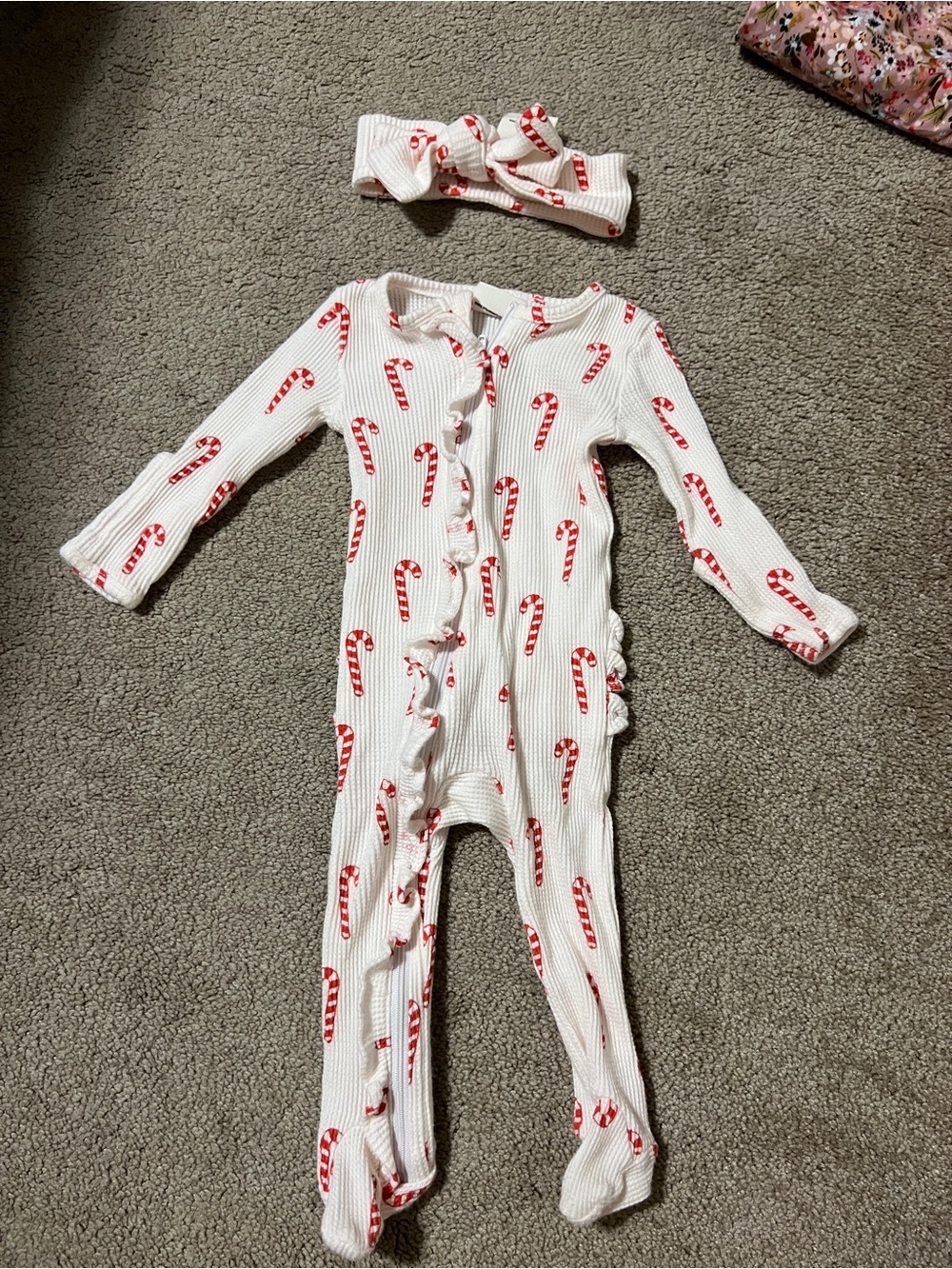 Spearmintlove Candy Cane Footed One-Piece with Headband - White & Red